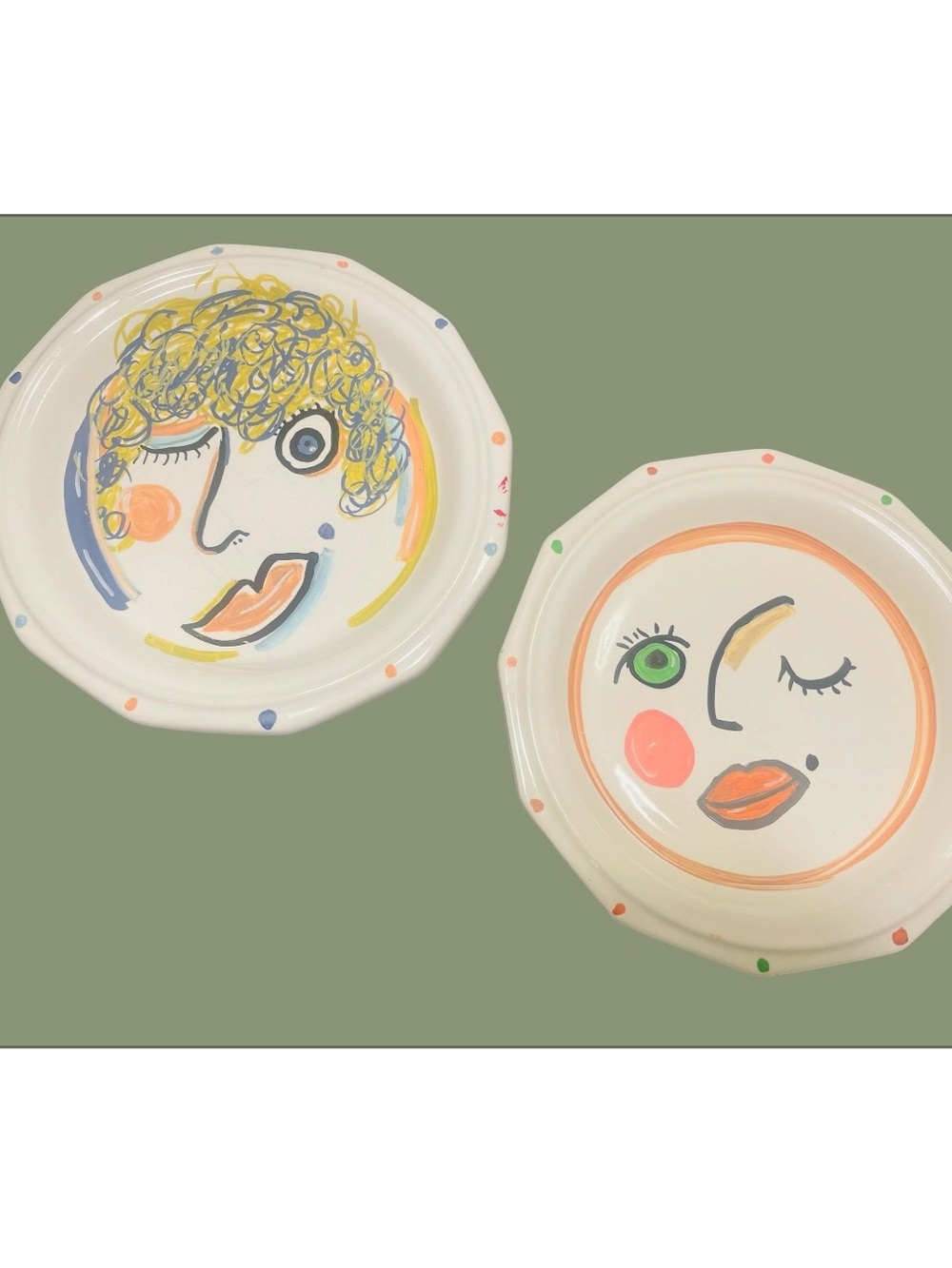Hand-Painted Ceramic Face Plates — Colorful Abstract Duo